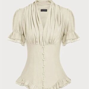 Scarlet Darkness Ivory Victorian Lace-Up Blouse with Ruffle Details